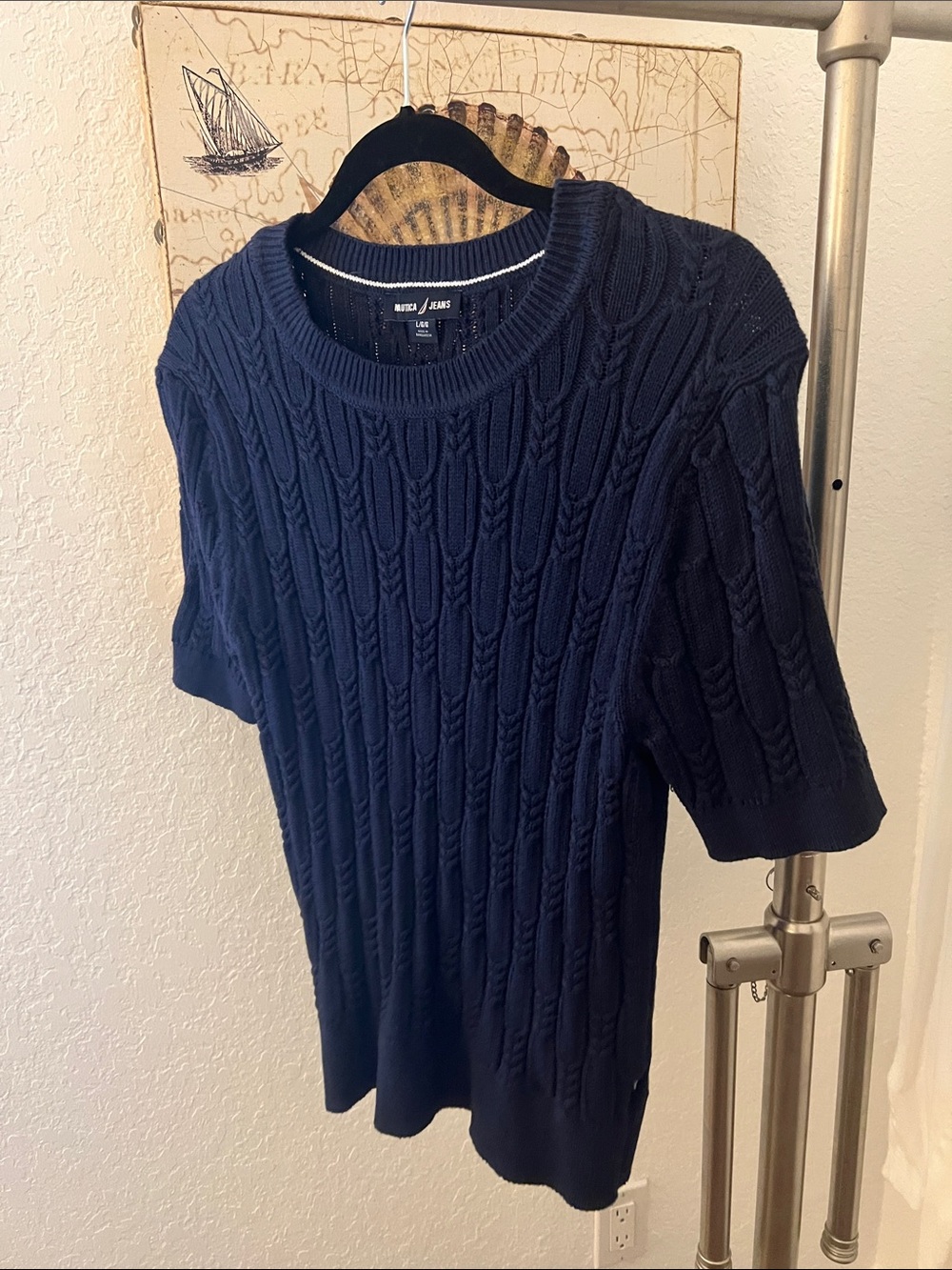 Nautica Navy Cable-Knit Short Sleeve Crewneck Sweater